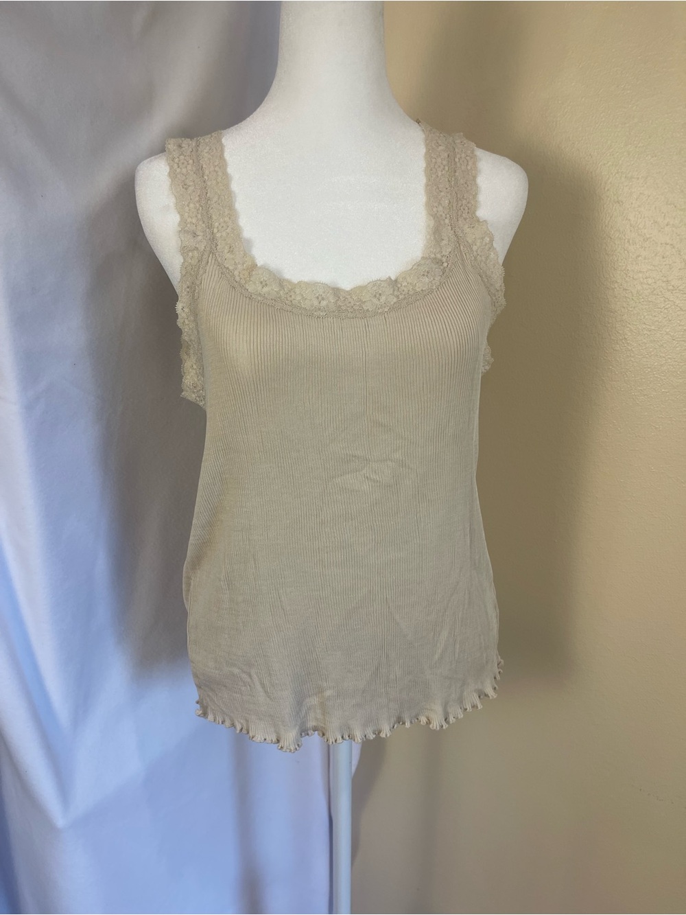 Lauren Ralph Lauren 100% Silk Ivory Lace Ribbed Tank Top XL Camisole Coquette